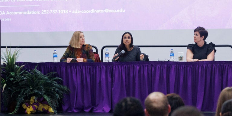 Panelists, including Drs. Bhibha Das and Sharon Ballard, answer an audience question at the Women Leaders at ECU Panel event held March 28. (Photos by Rhett Butler)