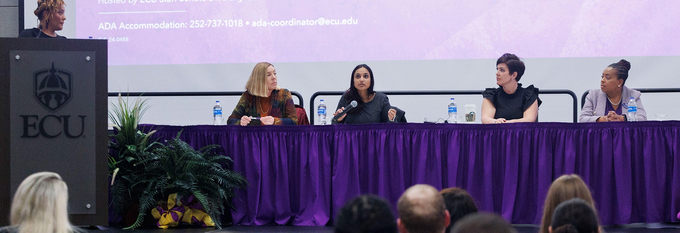 Panelists, including Drs. Bhibha Das and Sharon Ballard, answer an audience question at the Women Leaders at ECU Panel event held March 28. (Photos by Rhett Butler)