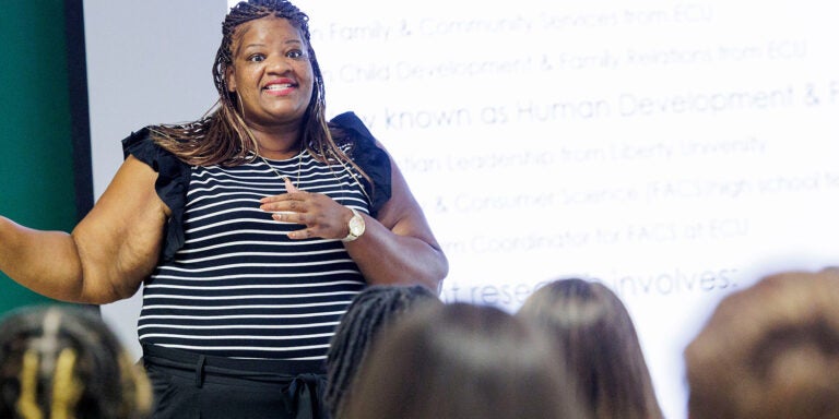 Alana Freeman teaches a human development and family sciences class in the Rivers Building, Aug. 19, 2024.