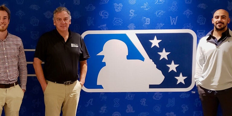 From left, Taylor Kinney, Dr. Nick Murray (director of the Visual Motor Lab) and Jake Kuchmaner at the 2023 Major League Baseball Winter Meetings.