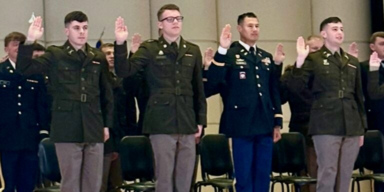 Cadets take the Oath of the Commissioned Officer during ECU Army ROTC's commissioning ceremony, May 4, 2024. (contributed photo)