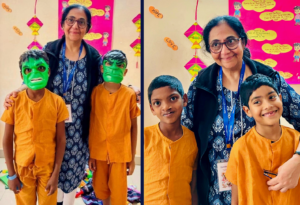 Decorative image of two children masked and then unmasked standing with Priti Desai.