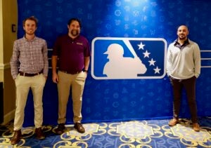 From left, Taylor Kinney, Dr. Zac Domire (Performance Optimization Lab director) and Jake Kuchmaner at the 2023 Major League Baseball Winter Meetings.