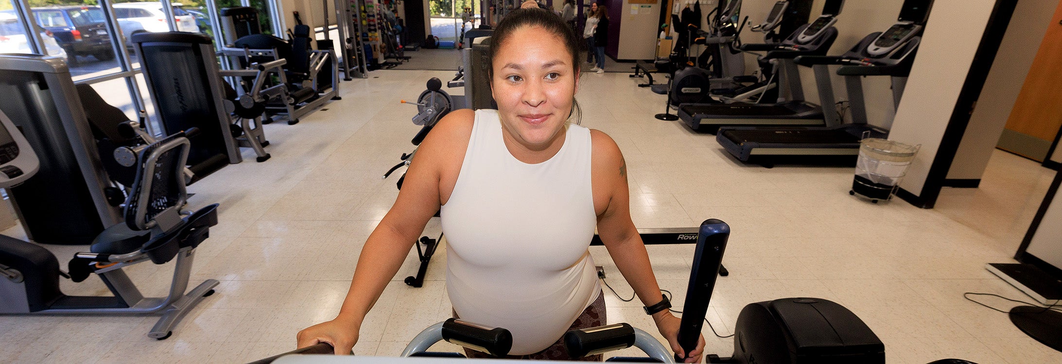 Johanne Hyde exercises at the ECU Fitness, Instruction, Testing and Training Building, which serves as an exercise training facility for research studies. (ECU News Services photo)