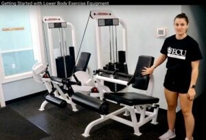 ECU student Alison Klein describes how to use lower body equipment at Cypress Landing Fitness Center. (Capture from YouTube video)