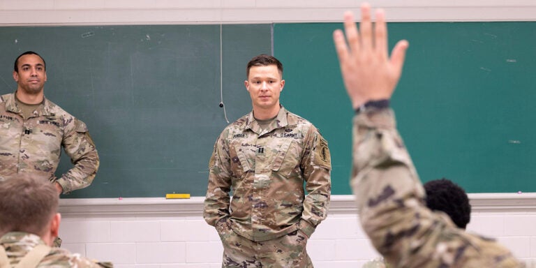 112th Signal Battalion Special  Operations Airborne member Ausdin Pender speaks to a group of ROTC students at ECU. (Photo by Rhett Butler)